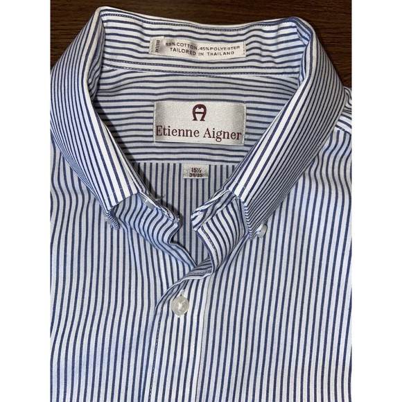 Vintage Etienne Aigner 15 1/2-34/35 Blue Stripe Cotton Blend Logo Dress Shirt - Picture 2 of 3